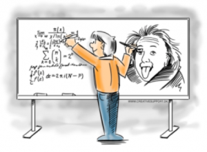 Man writing on board with Einstein drawing