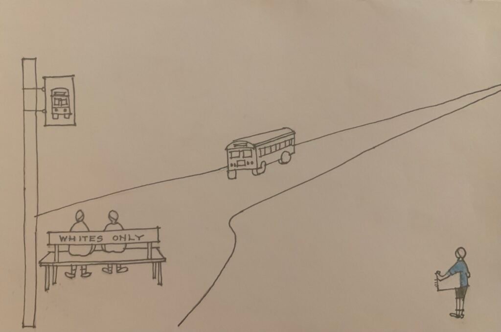 Illustration of a boy waiting for a bus.