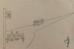 Illustration of a boy waiting for a bus.