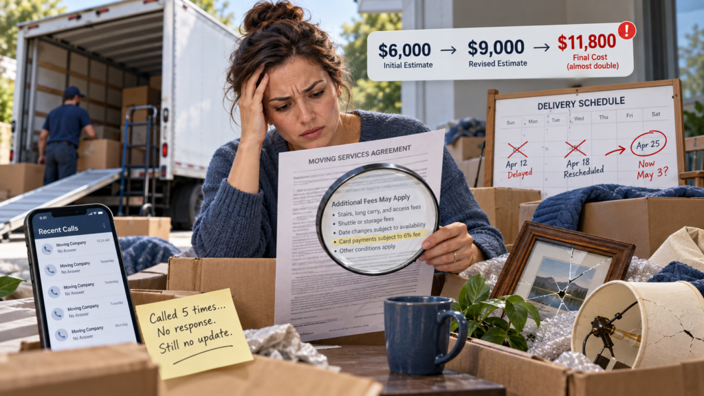 Stressed woman studies a moving contract's fine print, surrounded by boxes, damaged items, missed calls and delayed delivery dates.